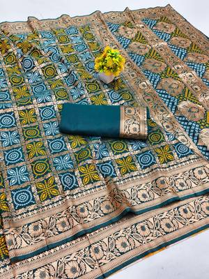 Firozi zari woven silk blend saree with blouse piece 1