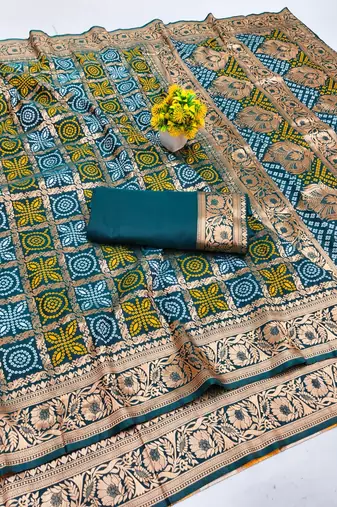 Firozi zari woven banarasi silk blend saree with blouse piece