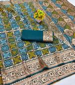 Firozi zari woven banarasi silk blend saree with blouse piece