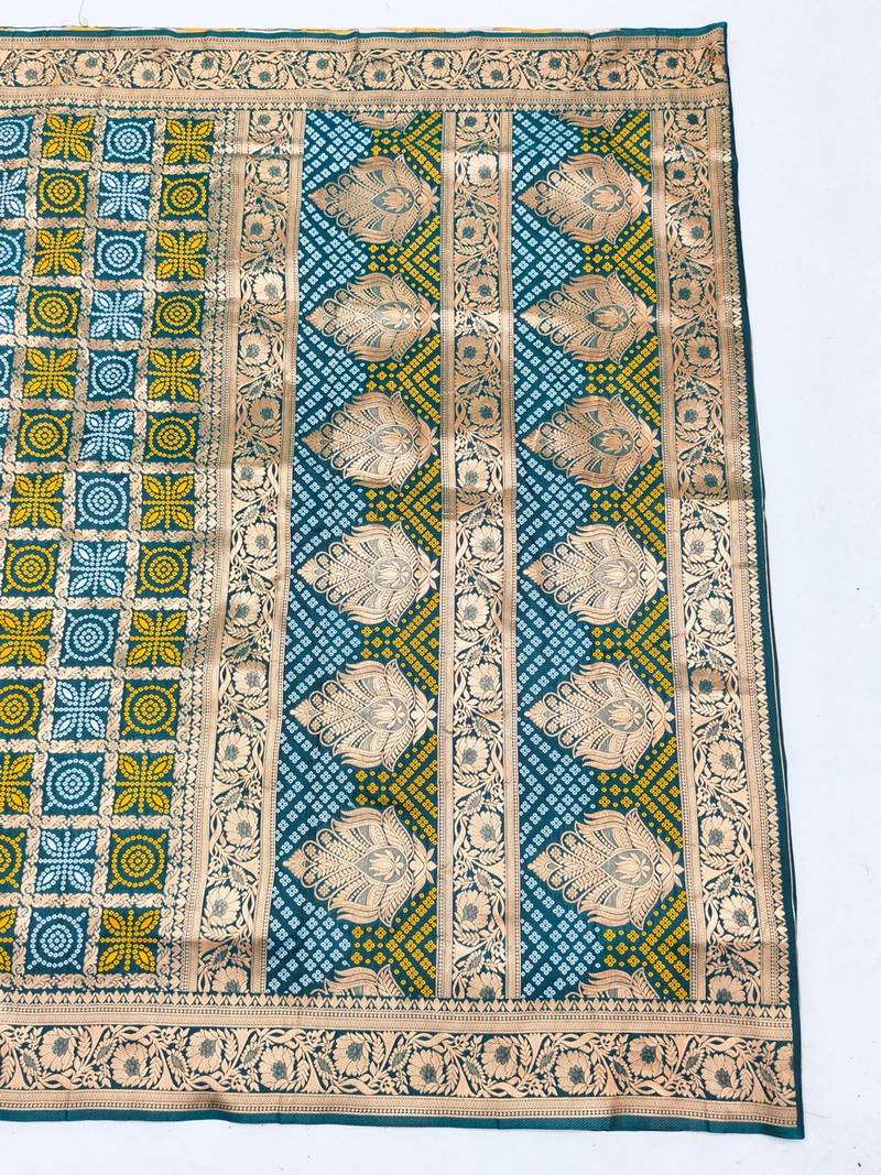 Firozi zari woven banarasi silk blend saree with blouse piece