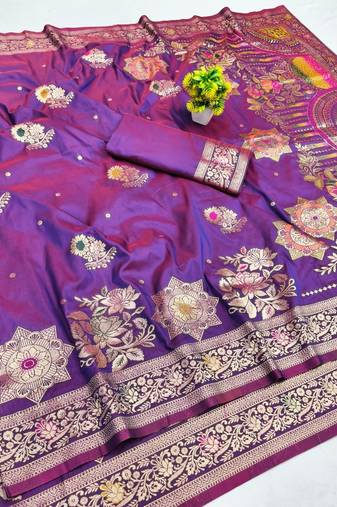 Purple zari woven banarasi silk blend saree with blouse piece