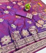 Purple zari woven banarasi silk blend saree with blouse piece