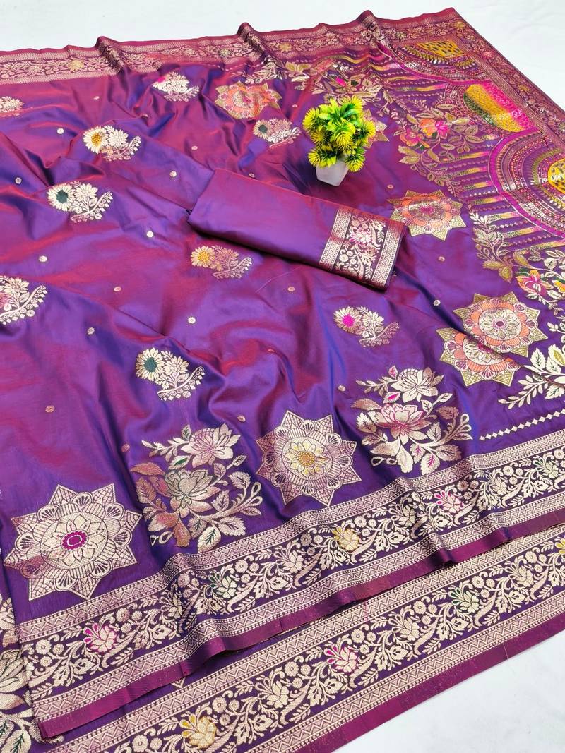 Purple zari woven banarasi silk blend saree with blouse piece