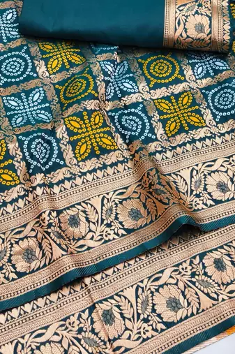 Firozi zari woven silk blend saree with blouse piece