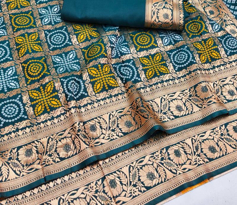 Firozi zari woven banarasi silk blend saree with blouse piece