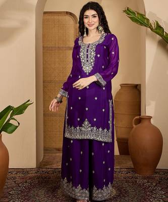 Purple color beautiful chinon silk embroidery elegant ceremonial suit 4