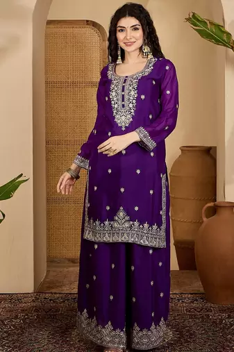 Purple color beautiful chinon silk embroidery elegant ceremonial suit