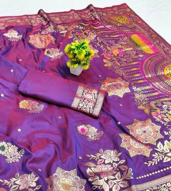 Purple zari woven silk blend saree with blouse piece 3