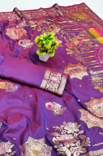 Purple zari woven silk blend saree with blouse piece