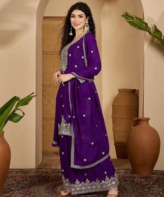 Purple color beautiful chinon silk embroidery elegant ceremonial suit 5