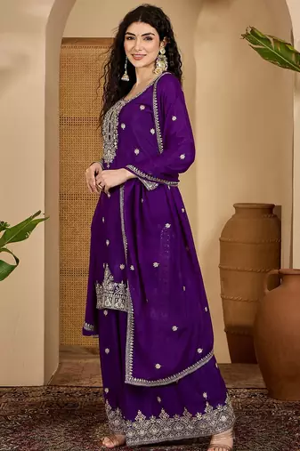Purple color beautiful chinon silk embroidery elegant ceremonial suit