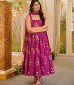 Pink color muslin printed ceremonial readymade attire
