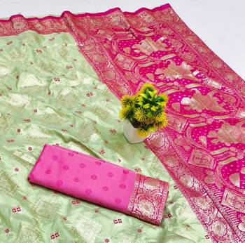 Light green zari woven silk blend saree with blouse piece 3