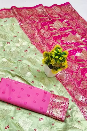 Light green zari woven silk blend saree with blouse piece