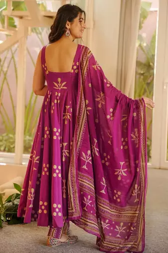 Pink color muslin printed ceremonial readymade attire