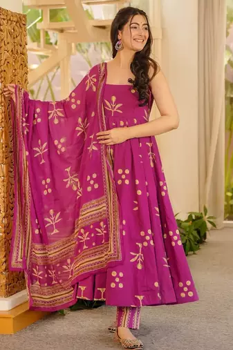 Pink color muslin printed ceremonial readymade attire
