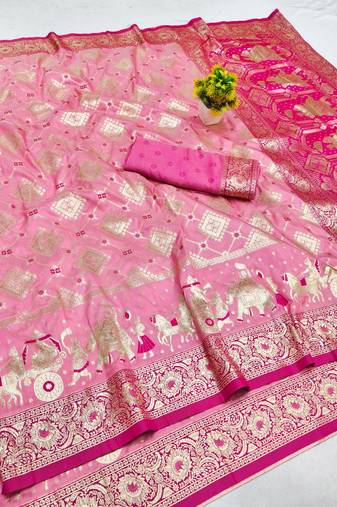 Pink zari woven banarasi silk blend saree with blouse piece