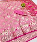 Pink zari woven banarasi silk blend saree with blouse piece