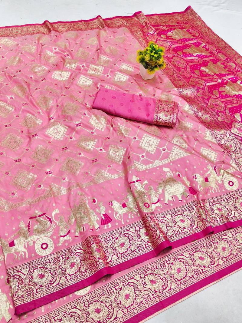 Pink zari woven banarasi silk blend saree with blouse piece