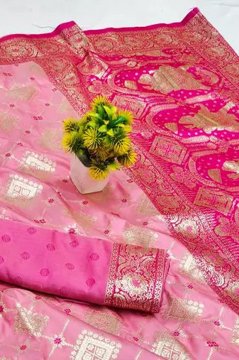 Pink zari woven silk blend saree with blouse piece