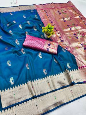 Blue zari woven paithani silk blend saree with blouse piece 1