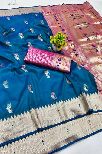 Blue zari woven paithani silk blend saree with blouse piece