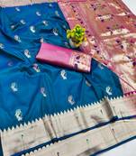 Blue zari woven paithani silk blend saree with blouse piece