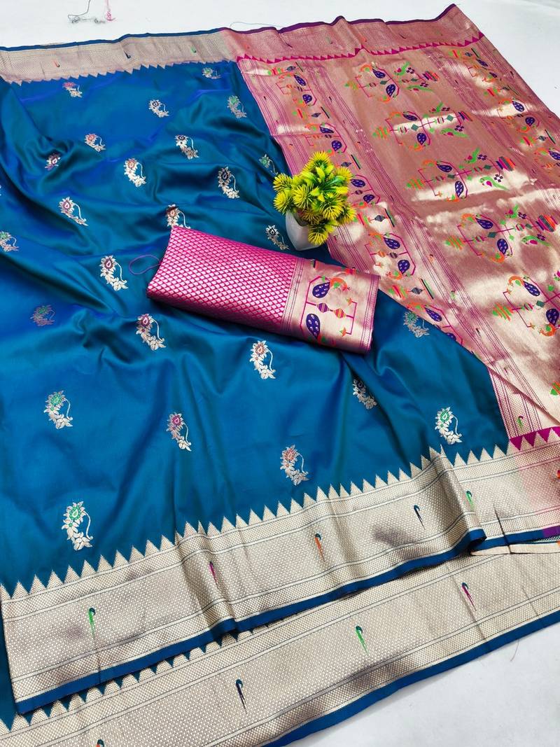 Blue zari woven paithani silk blend saree with blouse piece