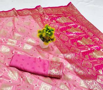 Pink zari woven silk blend saree with blouse piece 3