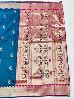 Blue zari woven paithani silk blend saree with blouse piece 2