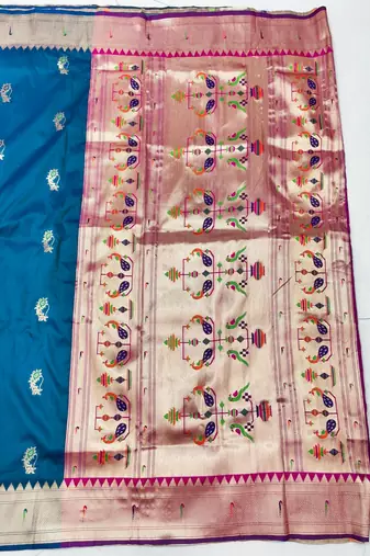 Blue zari woven paithani silk blend saree with blouse piece