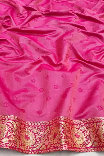 Pink zari woven silk blend saree with blouse piece