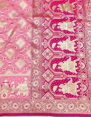 Pink zari woven silk blend saree with blouse piece 5