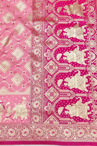 Pink zari woven silk blend saree with blouse piece