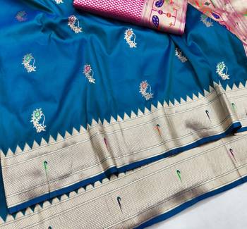 Blue zari woven paithani silk blend saree with blouse piece 3