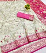 Cream zari woven banarasi silk blend saree with blouse piece
