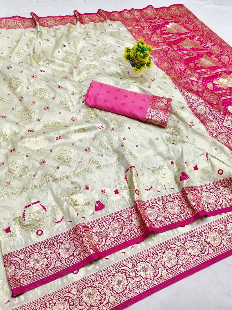 Cream zari woven banarasi silk blend saree with blouse piece