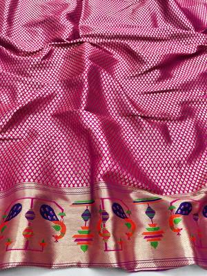 Blue zari woven paithani silk blend saree with blouse piece 4