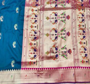 Blue zari woven paithani silk blend saree with blouse piece 5