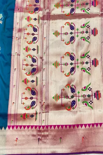 Blue zari woven paithani silk blend saree with blouse piece