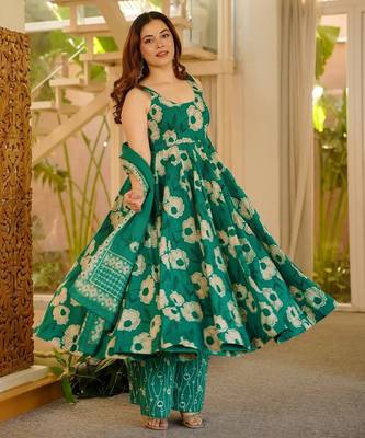 Green color muslin printed ceremonial readymade attire 3
