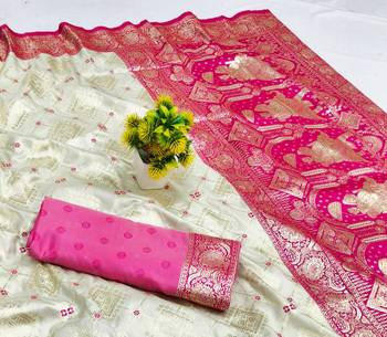 Cream zari woven silk blend saree with blouse piece 3