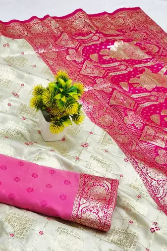 Cream zari woven silk blend saree with blouse piece
