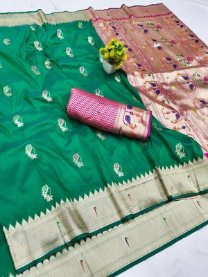 Green zari woven paithani silk blend saree with blouse piece 1