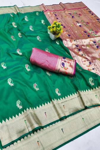 Green zari woven paithani silk blend saree with blouse piece