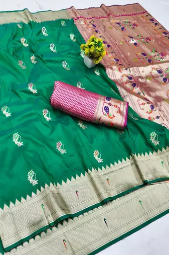 Green zari woven paithani silk blend saree with blouse piece