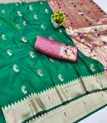 Green zari woven paithani silk blend saree with blouse piece