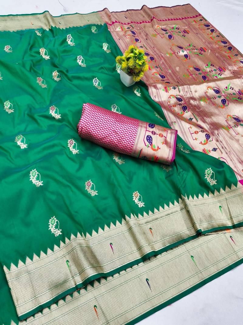 Green zari woven paithani silk blend saree with blouse piece