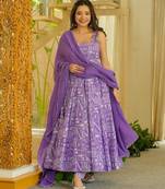 Lavender color muslin printed ceremonial readymade attire