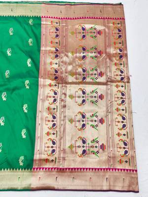 Green zari woven paithani silk blend saree with blouse piece 2